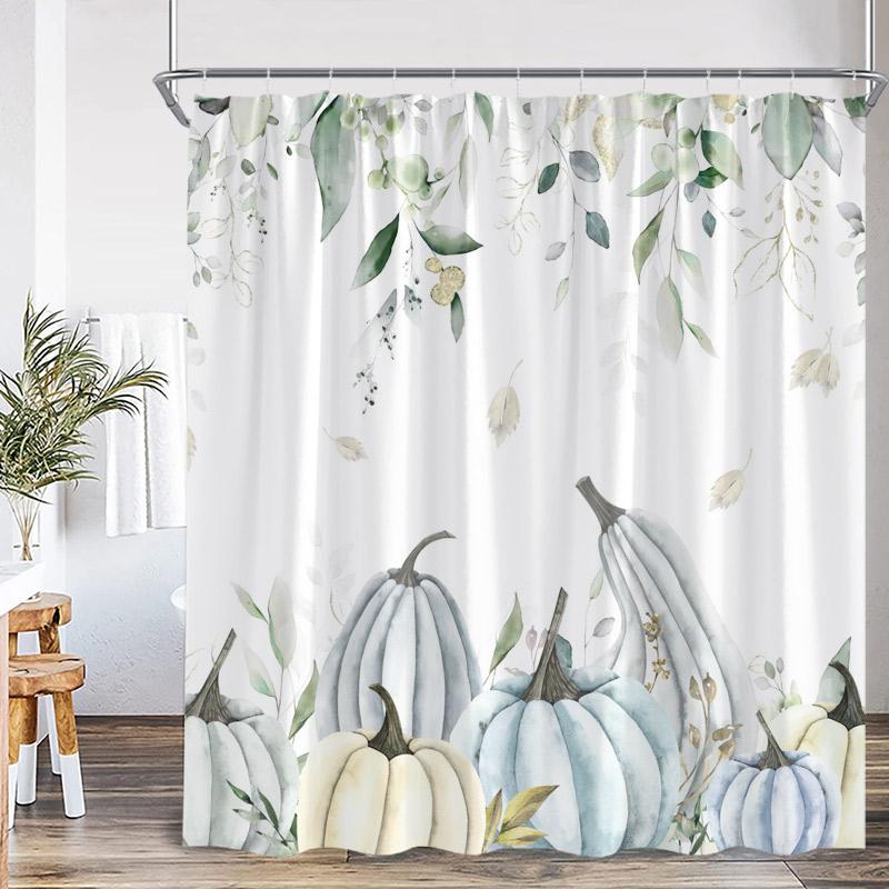 Autumn Pumpkin Shower Curtains Fall Watercolour Plant Leaves Modern Minimalist Polyester Fabric Home Bathroom Decor With Hooks