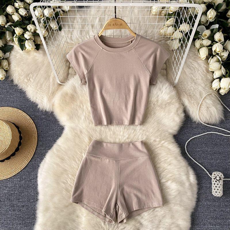 Minimalist Style Athleisure Pure Color Pure Desire Sexy Suit Women's Summer O-neck Short T-shirt + High Waist Figure Flattering Shorts