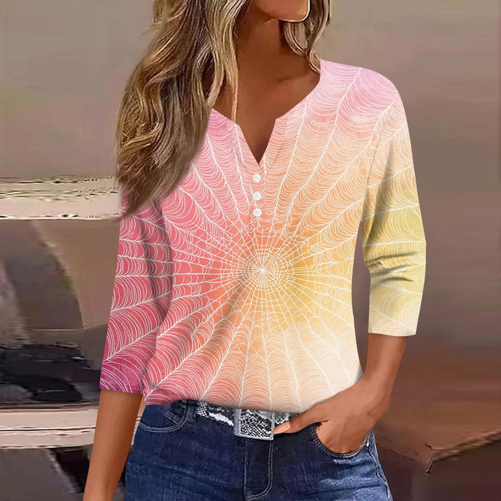 Damenmode Lässiges T-Shirt V-Ausschnitt Sieben Ärmel Bedrucktes Knopfoberteil