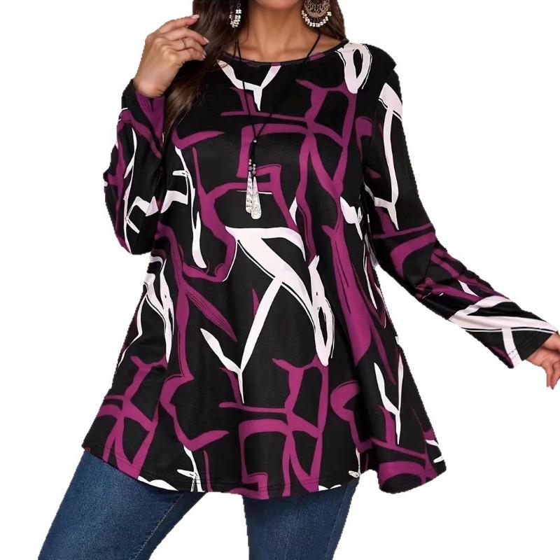Women's Abstract Geometric Print Long Sleeve Crew Neck Loose Tunic Top