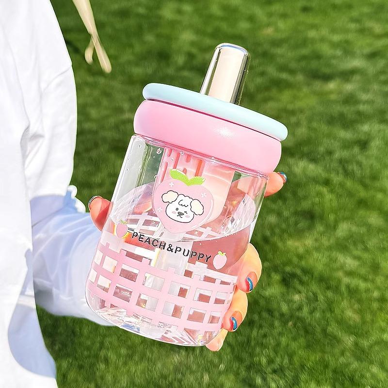Water bottle cartoon children's plastic water cup girls high value out portable ton ton cup summer cute accompanying straw cup