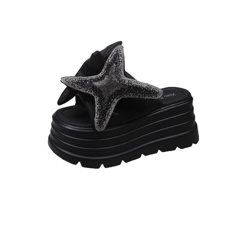 

Fashion New 2025 Women Summer Bling Chunky Slippers High Platform Flip Flops 8CM Wedge Heels Slides Sweet Slip-on Sandals Beach Slippers 34 чёрный
