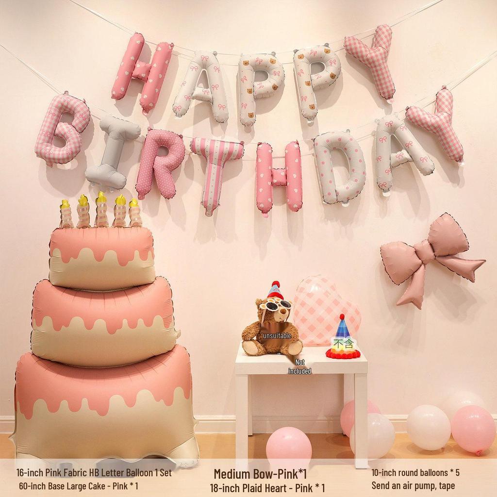 Sfondo con Palloncini a Forma di Torta Rosa Grande per la Festa del 1° Compleanno di una Bambina