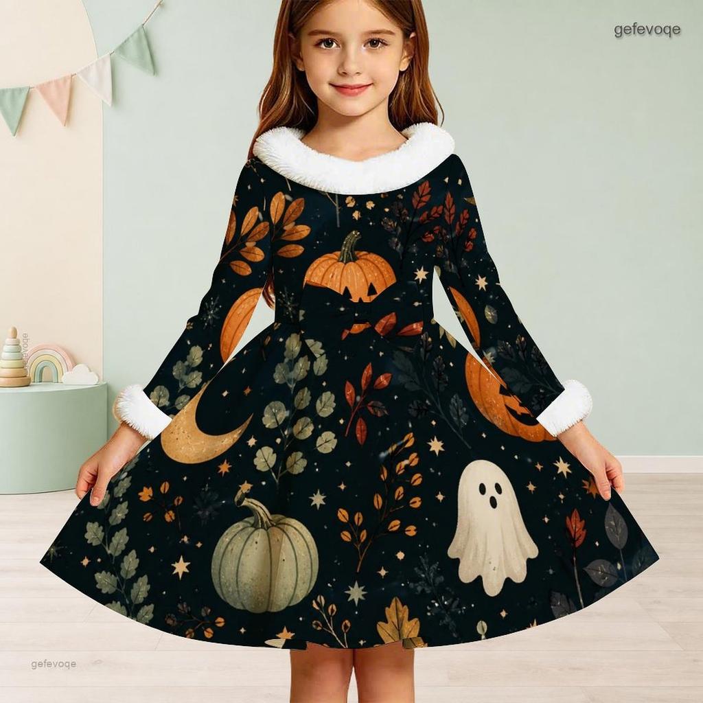 Girls High Neck Long Sleeve Furry Trim Printed Witch Frog Pattern A Line Flared Dress