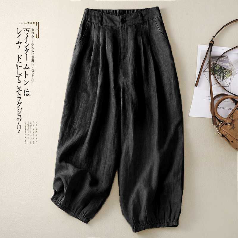 Women s High Waist Linen Cotton Pants Elastic Waist Loose Fit Casual Harem Trousers with Elastic Cuffs M чёрный