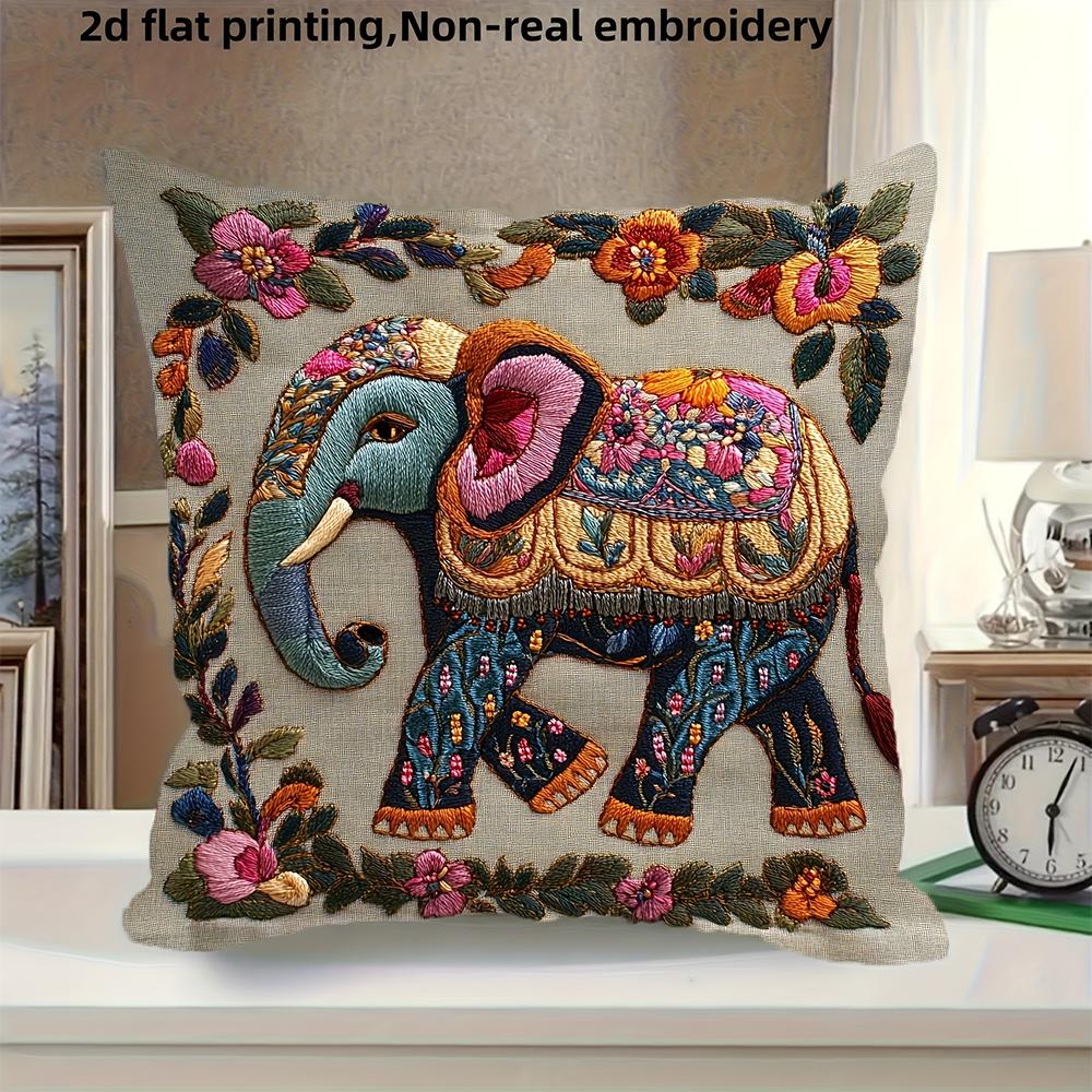 2D Flat- Bohemian Elephant Floral Print Throw Pillow Cover Boho Home Decor Cushion Case For Sofa Bedroom Living Room