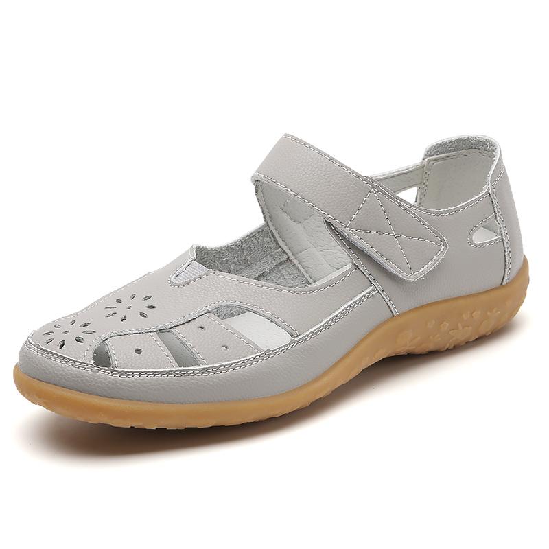 Plus Size Summer Women Sandals Solid Color Light Breathable Flats Non-Slip Soft Leather Walking Nurse Mom Shoes Outdoor