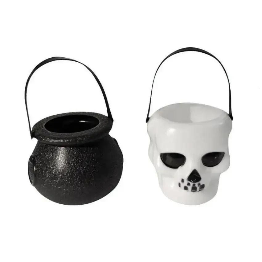1Pcs Black Or White Plastic Candy Jar Skull Witch Cauldron Candy Kettle Halloween Party Hanging Props Halloween Decor