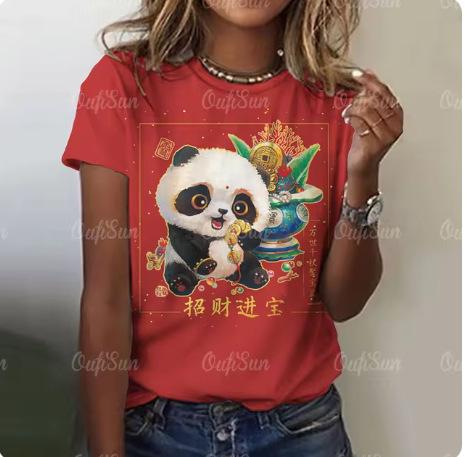 Cartoon panda pattern women's T-shirt O-neck short-sleeved T-shirt loose jumper summer women's fashion street
