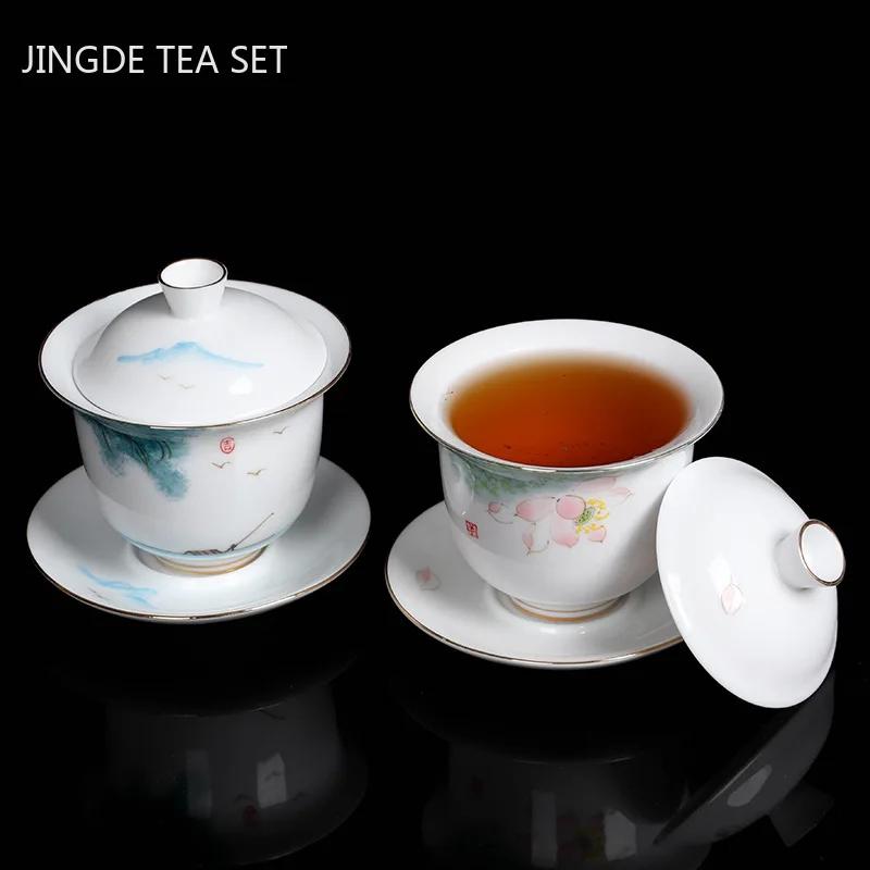 

High Quality White Porcelain Gaiwan Portable Ceramic Tea Set Chinese Hand Painted Tea Bowl Tea Ceremony Accessories 170ml 9.3x11cm 170ml
