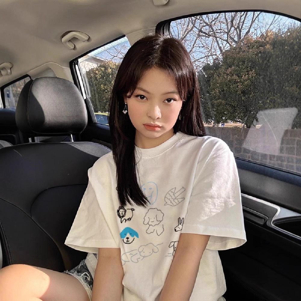 

pure cotton white couple short-sleeved t-shirt women s summer popular design sense niche American trendy cartoon half-sleeved top m (recommended 40-52.5kg ) белый