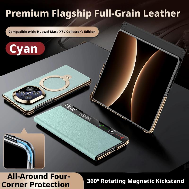Premium Genuine Leather Magnetic Case For Huawei Mate X7 X6 X5 Smart Touch View No Flip For Answering Rotating Bracket Cover Genuine Leather&Huawei Mate X7