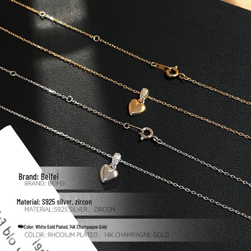 925 Sterling Silver Heart Pendant Necklace with Diamond Inlay - Elegant & Versatile Clavicle Chain for Women