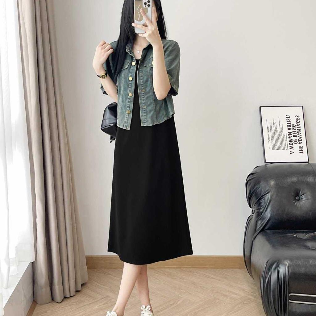 Women's Retro Denim Jacket & Long Sleeveless Vest Dress Set - Summer Slimming Tummy Cover