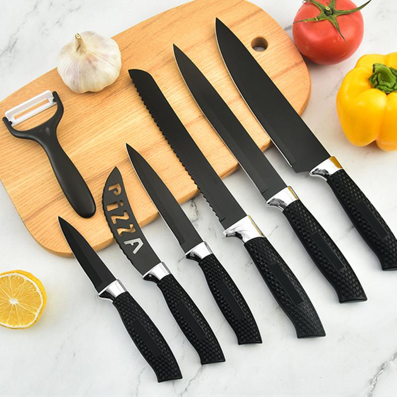 Seven Piece Knife Black Steel Hollow Cheese PIZZA Knife Gift Color Box Kitchen Stainless Steel Set Tool