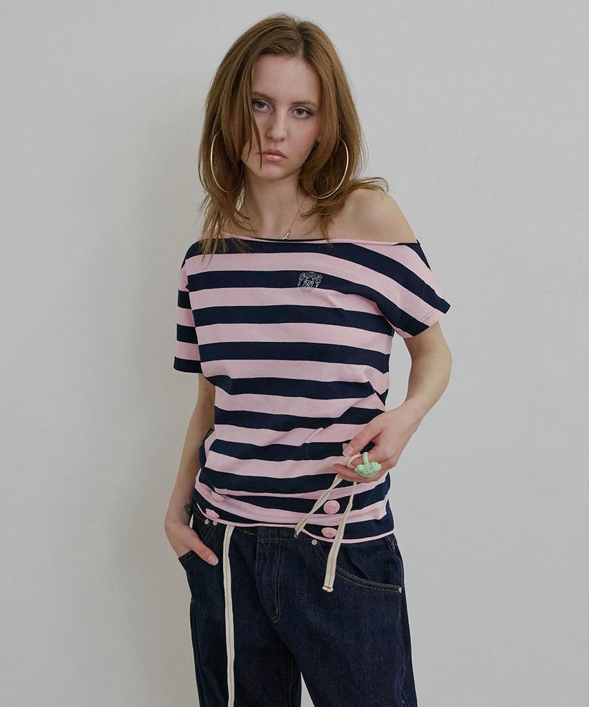SCULPTOR Button Stripe Tee Pink