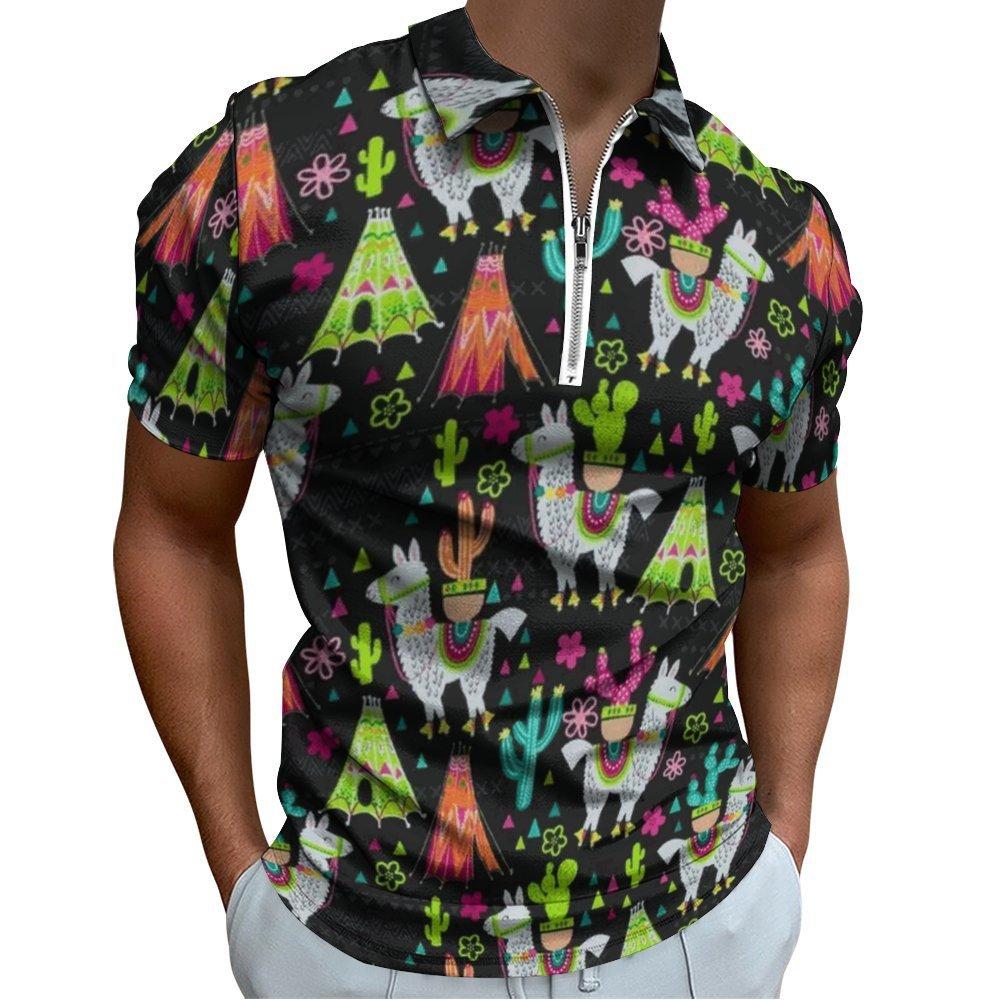 Citrus Print Short Sleeve Zip Polo Shirt, Stylish Summer Casual Top