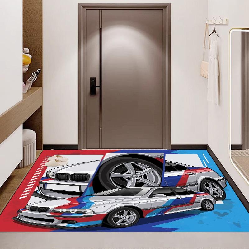 White Racing Sedan Tricolor Livery Comic Print Area Rug Non‑Slip Rectangular Floor Mat Auto Fan Decor for Gaming Bedroom Living Room