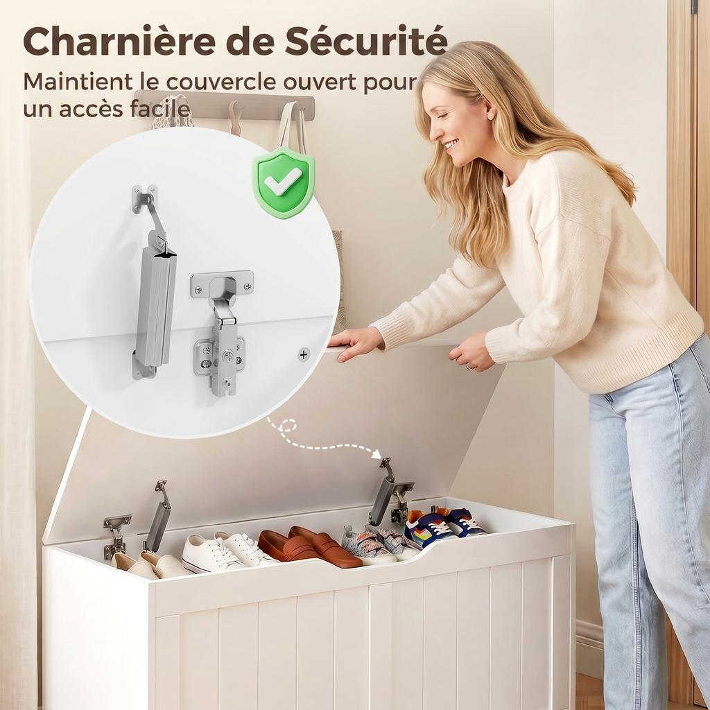 Storage Chest, 136 L, Bench, 2 Safety Hinges, Handle-Free, 100 x 40 x 45 cm, White