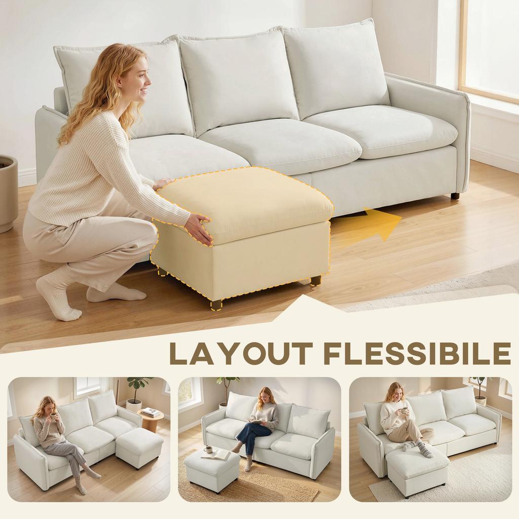 3-Seater Modular Corner Sofa In Breathable Leather-Effect Fabric with Footstool Storage, Cushions, Cream