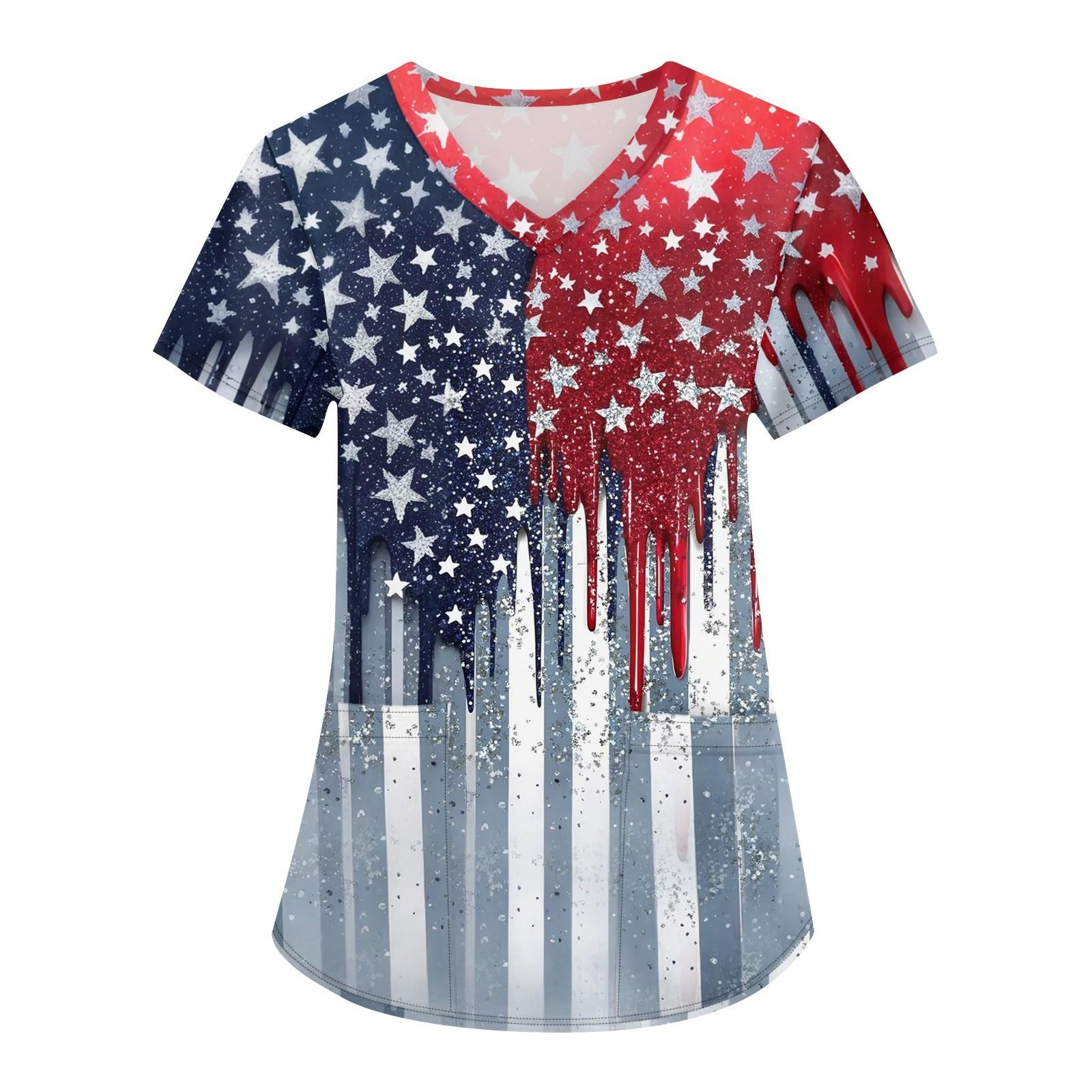 

Женская мода V-образный вырез короткий рукав рабочая одежда с карманами День независимости принтованные топы XXXL