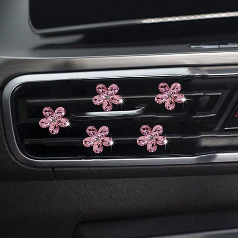 5pcs Pink/White Crystal Car Air Vent Fragrance Decoration Clip, Auto Interior Decor Accessories