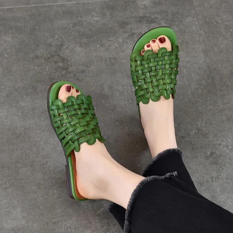 Johnature Hand Woven Genuine Leather Outdoor Flat Slippers Versatile Casual Women's Slip-on Shoes
