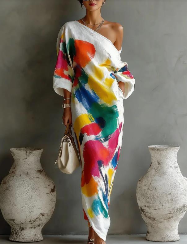 Damen Ein Schulter Bunt Abstrakt Print Maxikleid Lässig Lockerer Schnitt Langarm Überwurfkleid