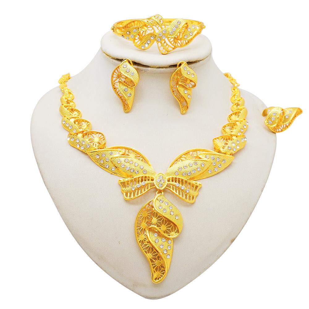 Nigeria Dubai Gold Color Exquisite Luxury Jewelry Set African Wedding Gift Party Ladies Bracelet Necklace Earrings Ring Set