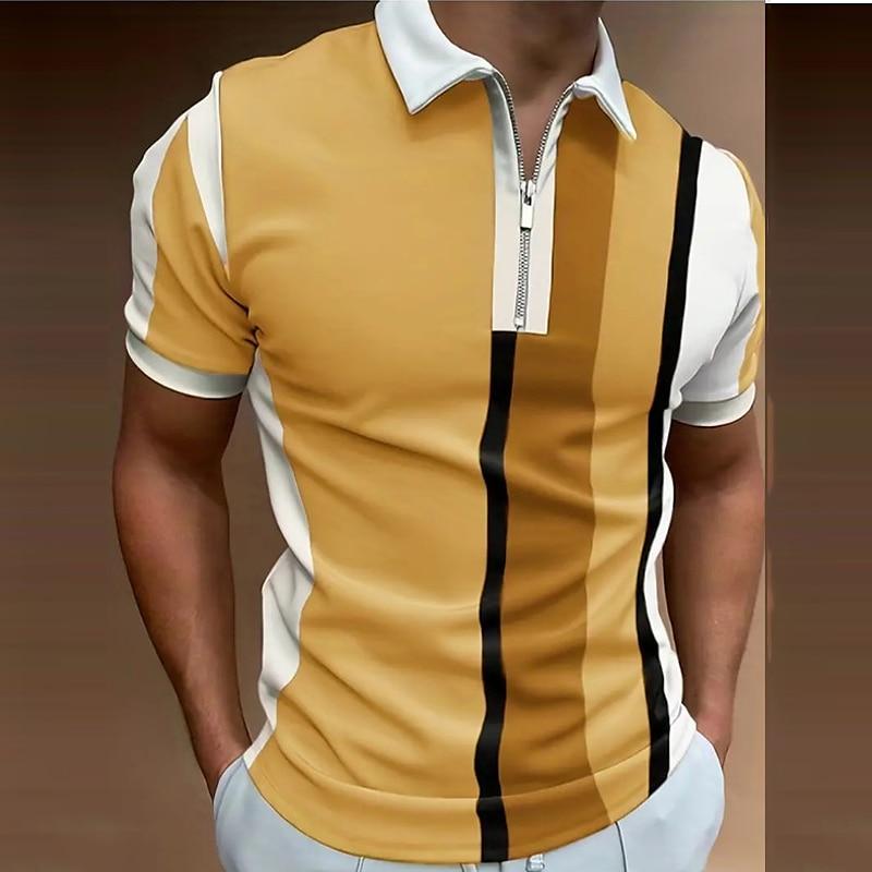 

Мужская рубашка-поло, повседневная рубашка на молнии с коротким рукавом, модная повседневная рубашка на молнии на лето и весну, стандартная посадка, рубашка с 3D серой полоской и принтом S жёлтый