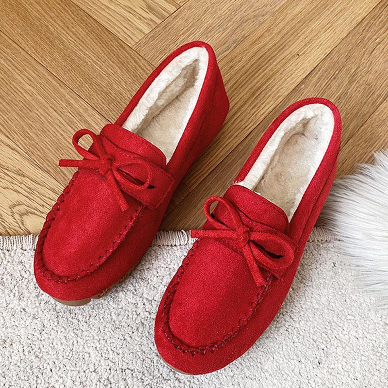 Winter Shoes Women Casual Flat Shoes Women's Moccasins Soft Loafers Classic Warm Plush Bow Slip On Female Cotton Shoes WSH5195