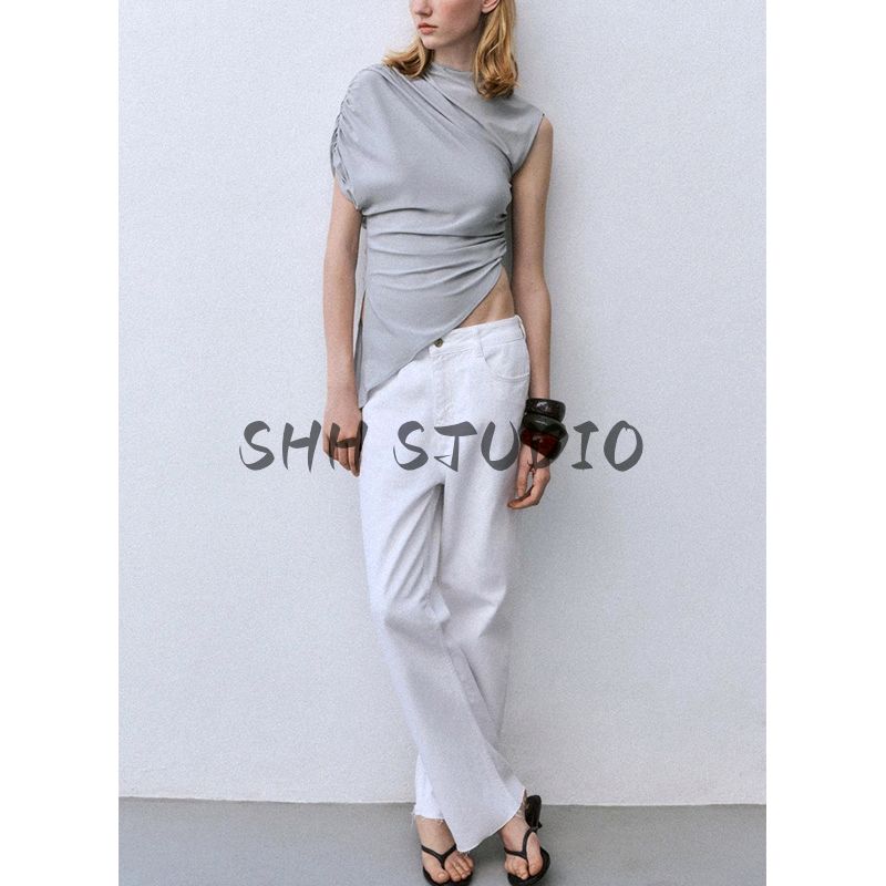 Spring New Women's Clothing French Stand Collar Sleeveless Asymmetric Design Elegant Fashion Tops 1131346