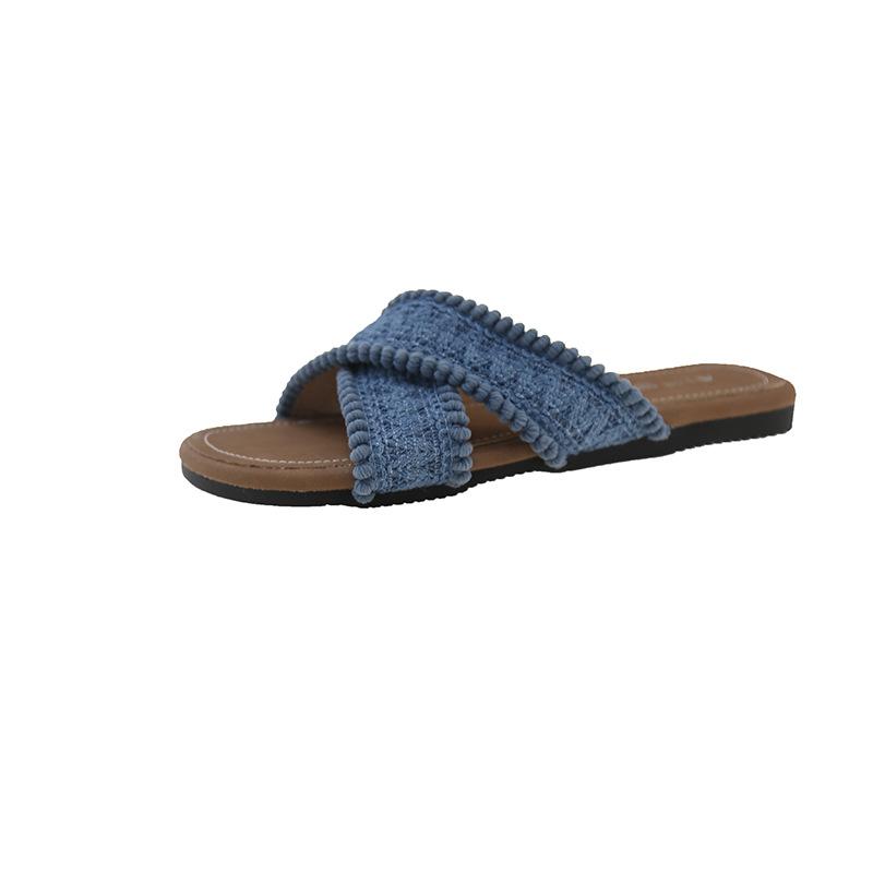 2025 summer new flat-bottomed slippers women's wear cross-toe one-word soft-bottom cloth casual sandals