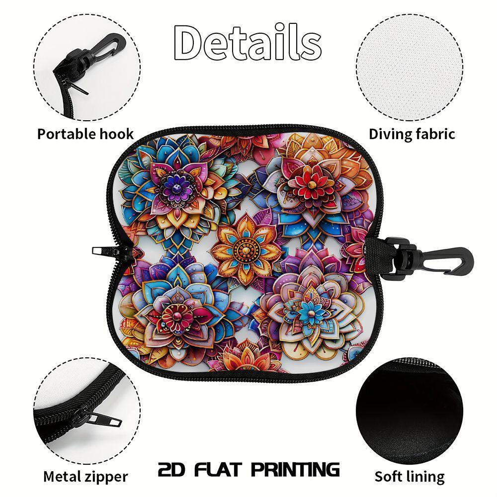 2D-Boho Floral Print Protective Sunglasses Case, Colorful Mandala Pattern Eyeglasses Storage Pouch, Zipper Travel Eyewear Organizer for Women Gift