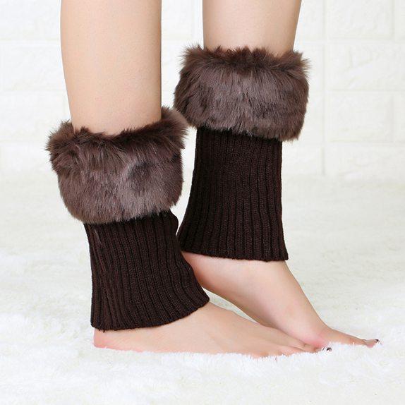 Womens Short Fold Over Knit Leg Warmers Boot Cuffs Faux Fur Trim Winter Warm Socks Footwear Accessories