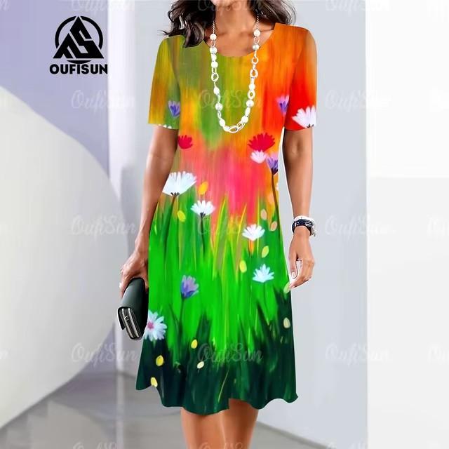 Rochie Midi Elegantă de Damă cu Mânecă Scurtă, Modă, Imprimeu 3D, Mărimi Mari, Îmbrăcăminte de Plajă
