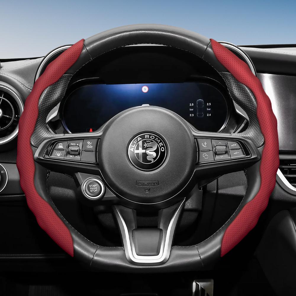 

Steering Wheel Cover Suitable for Alfa Romeo, Wave-Shaped Sporty Design, Breathable Leather, Segmented, Non-Slip, Sweat-Absorbent, Giulia 952,