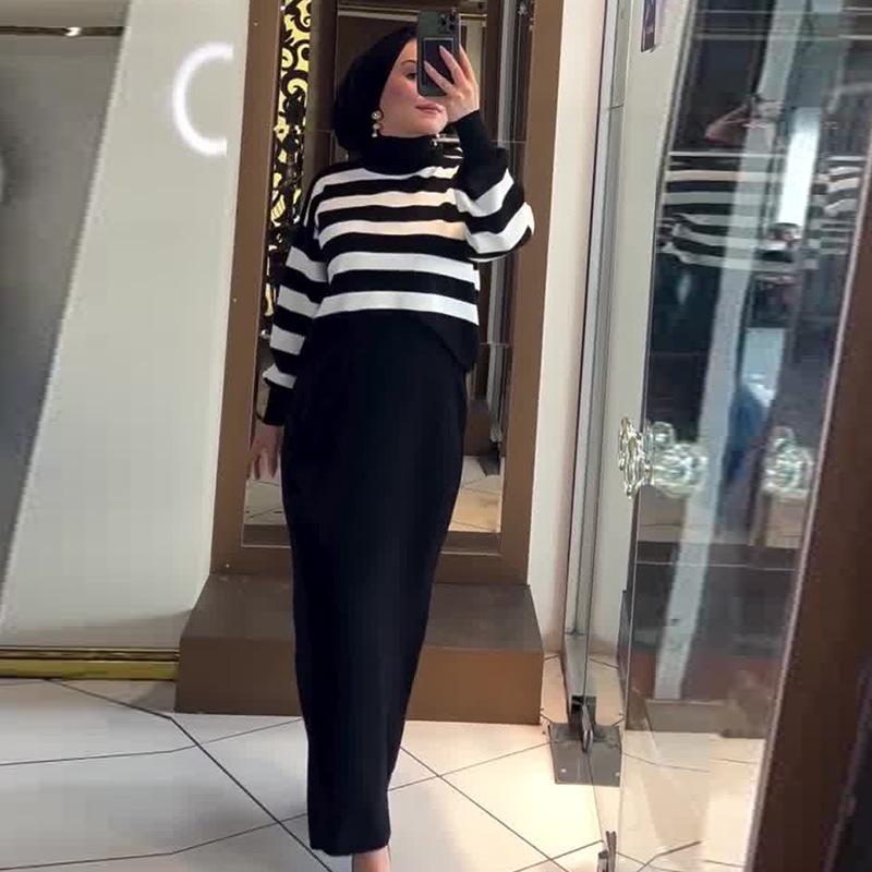 2024 Autumn Women's Fashion Color Block Short Top & Slim Fit Dress Set