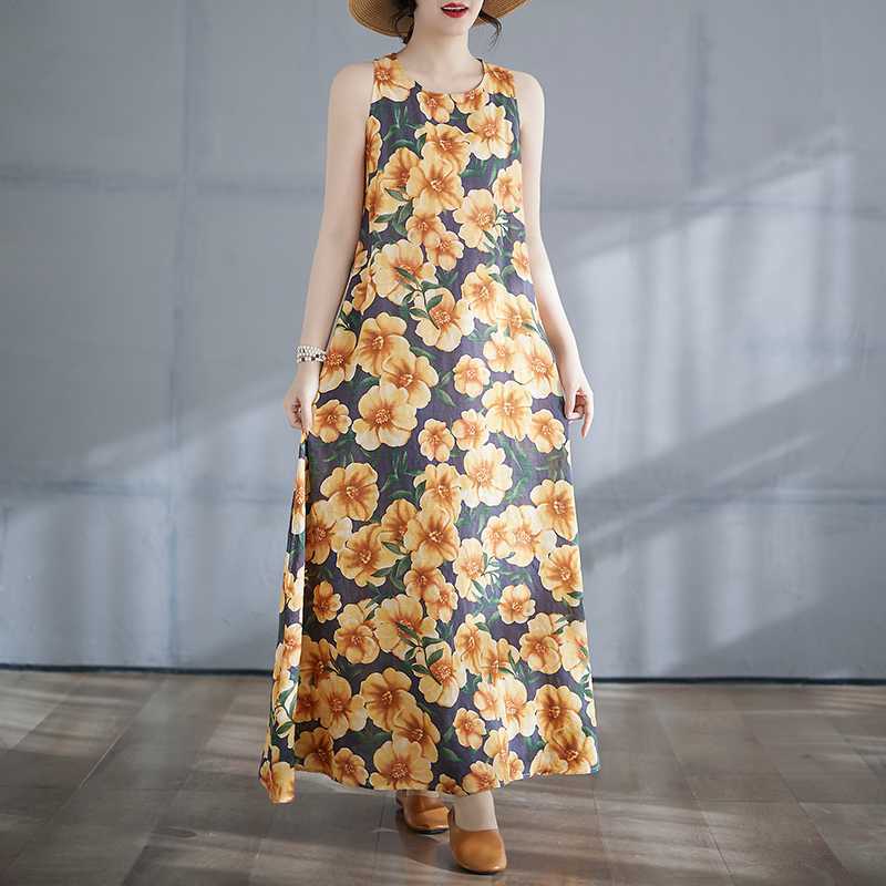 Women's Long Skirt Summer New Round Neck Printed Dress