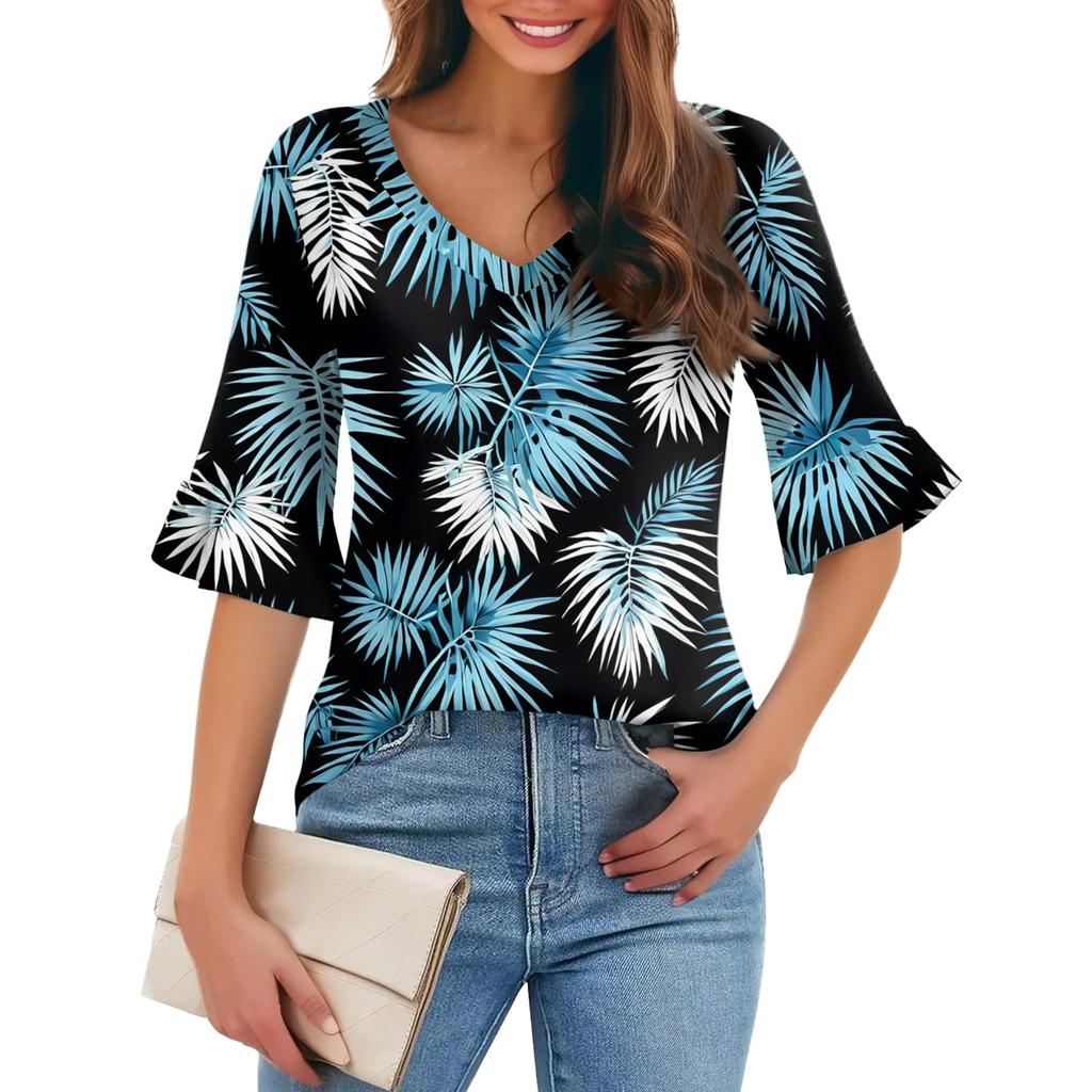 Damen Casual Fashion V-Ausschnitt Pullover Lose Pendeln Floral Fünf-Punkt-Ärmel T-Shirt Top