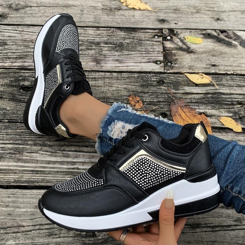 Women's Sports Casual Spring and Summer New Platform Wedge Casual Shoes Lace-up Rhinestone Sports Fashion Shoes