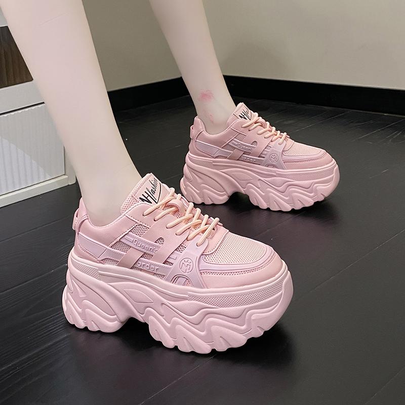Fashion White Chunky Sneakers Women New 2024 Autumn Hidden Heel Platform Sports Dad Shoes Woman Lace Up Breathable Mesh Casual Shoes 8CM