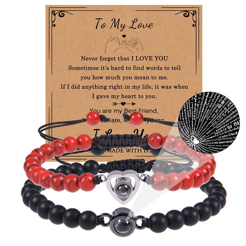 Bracciale con proiezione "Ti amo" in 100 lingue con pietra naturale smerigliata e turchese bianco per coppie