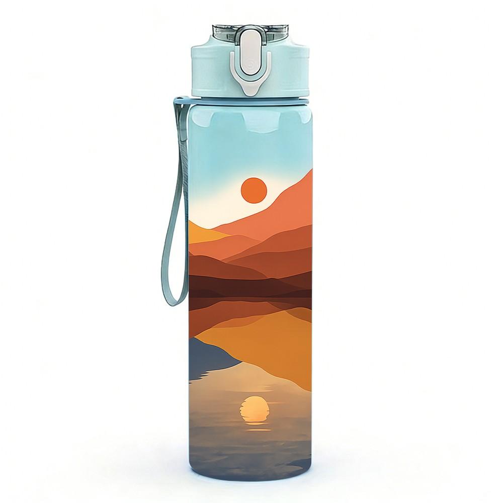 1PC Mountain Desert Sunset Landscape Print 750ml Color Plastic Sports Water Bottle Leakproof Flip Straw Lid Suitable for Sports Office Home Use