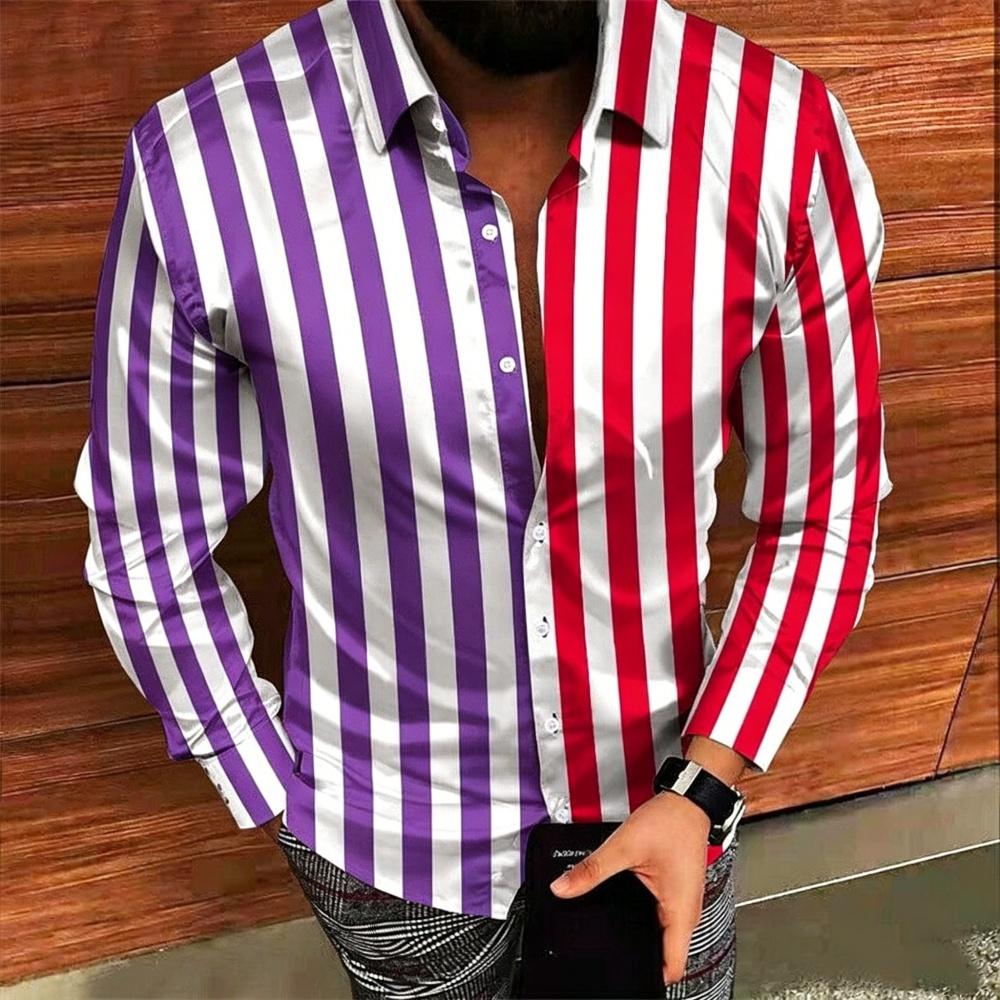 Men's Striped Long Sleeved Shirt 3D Digital Print Lapel Button up High-Quality Business Casual Clothing for Men