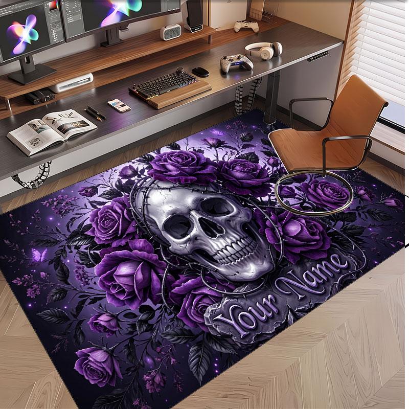 Skull Gothic Theme Soft Crystal Velvet Rug Custom Name & Text Print Non Slip Floor Rug for Bedroom Living Room