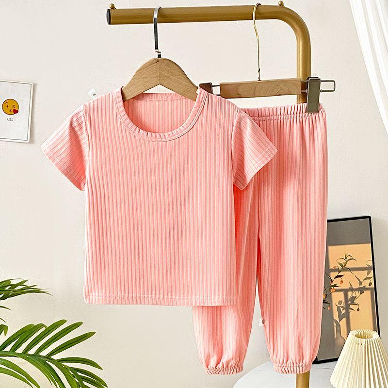 Summer Children's Ice Silk Short Sleeved Set Boys' Thin Home Clothes Baby's Solid Color Leggings, Pajamas