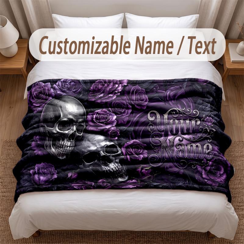 Skull Gothic Theme Soft Blanket Personalized Custom Name Text Print Warm Blanket Home Sofa Bedroom Decor