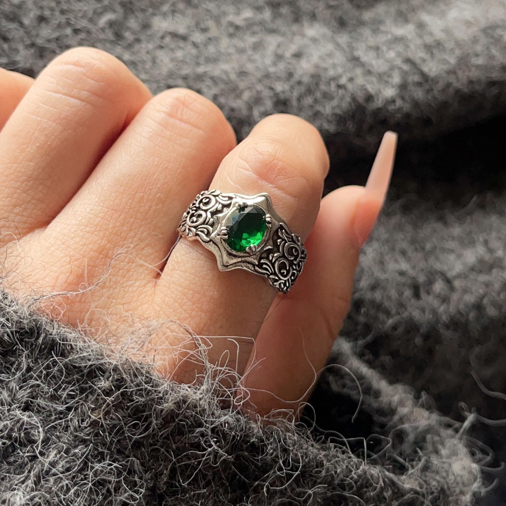 

925 Sterling Silver Rings For Women Geometric Fine Jewelry Finger Adjustable Vintage Green Stone Ring For Party Birthday Gift resizable
