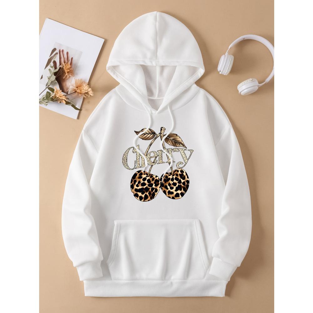 Leopard Cherry Creative Printing Hoodies Women All-Match Streetwear Y2K Pocket Hoody Autumn Casual Woman Clothing